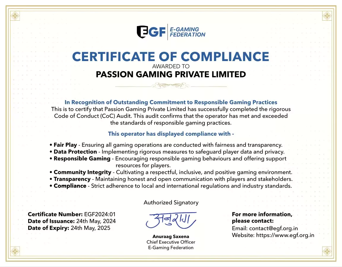 passion gaming egf certificate