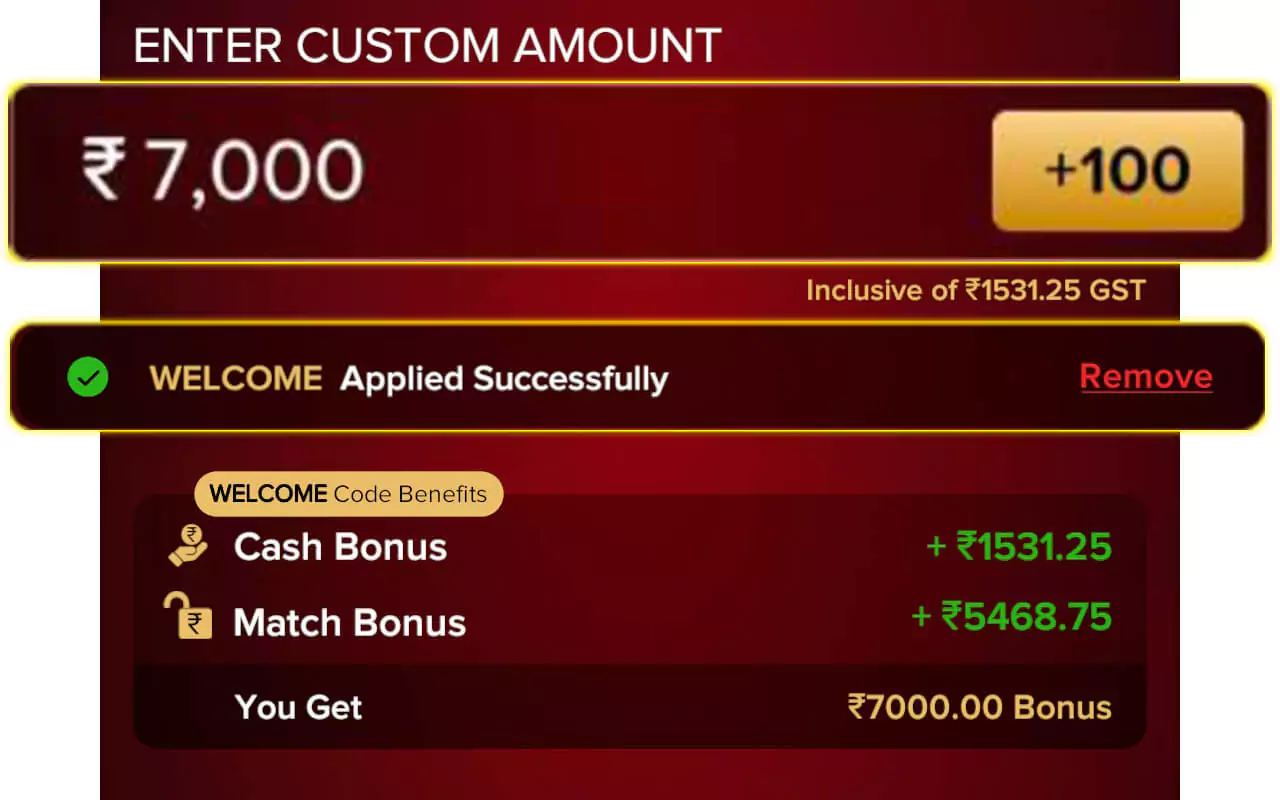 Enter amount and Bonus Code WELCOME