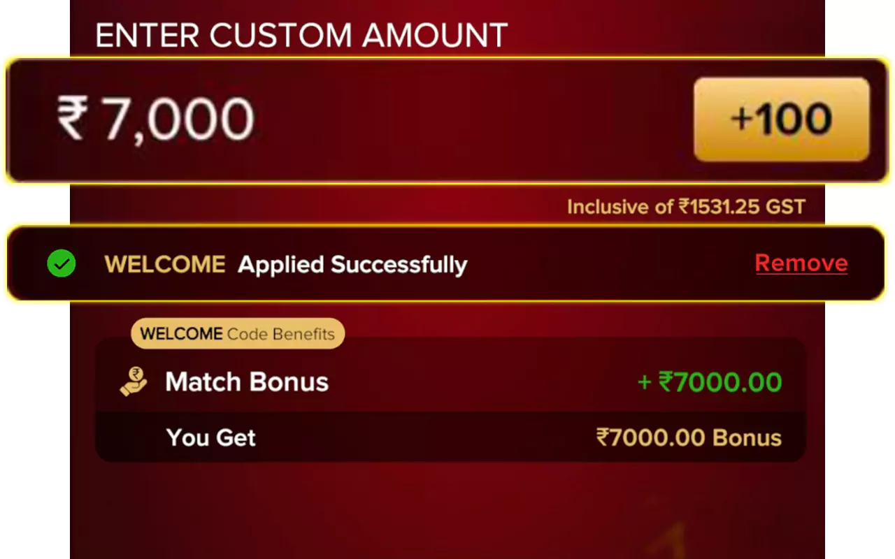 Enter amount and Bonus Code WELCOME